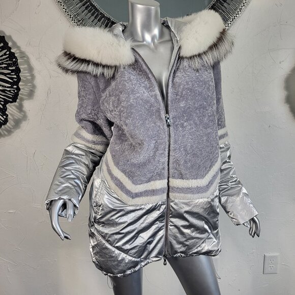 MITCHIE'S~M/L~SILVER GRAY GENUINE SHEARLING REAL FOX FUR HOODED PARKA COAT - Picture 4 of 16